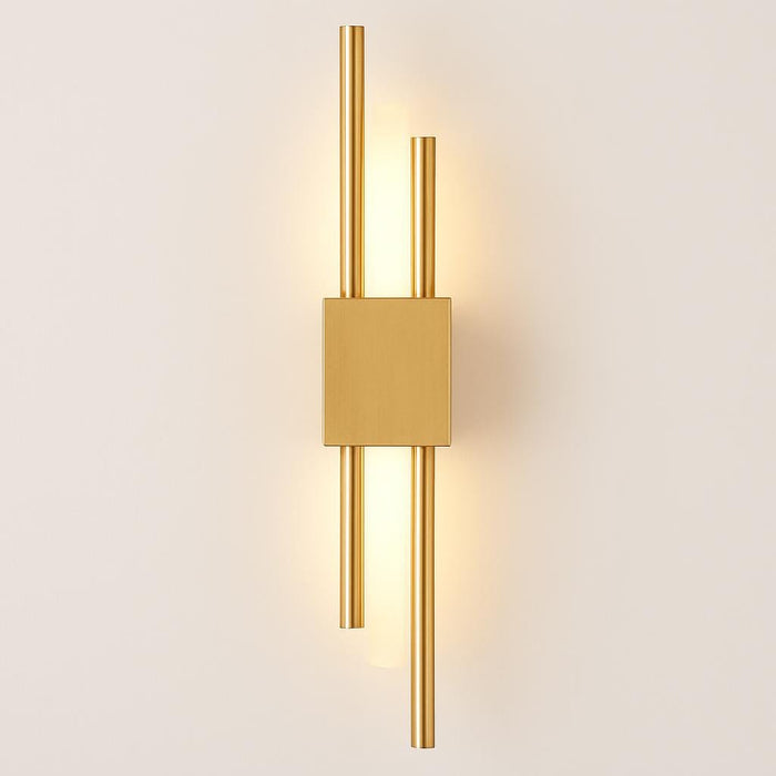 A studio shot of the Lucas Wall Light Gold against a plain white background, focusing on its streamlined, modern aesthetic and detailed view of the illuminated panels and high-quality matte gold finish, with soft lighting to enhance its features.
