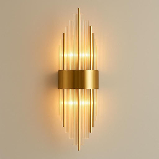 A sleek, modern Addo Wall Lamp mounted on a minimalist white wall in a contemporary living room, softly lit to showcase its warm, ambient glow and geometric design, with a focus on the matte gold finish and elegant proportions.