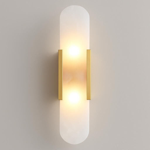 A professional studio shot emphasizing the sleek design of the Eclipse Glass Wall Sconce against a neutral background, focusing on the materials, finish, and two G9 bulbs, with the product centered and well-lit.