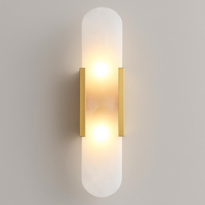 A professional studio shot emphasizing the sleek design of the Eclipse Glass Wall Sconce against a neutral background, focusing on the materials, finish, and two G9 bulbs, with the product centered and well-lit.