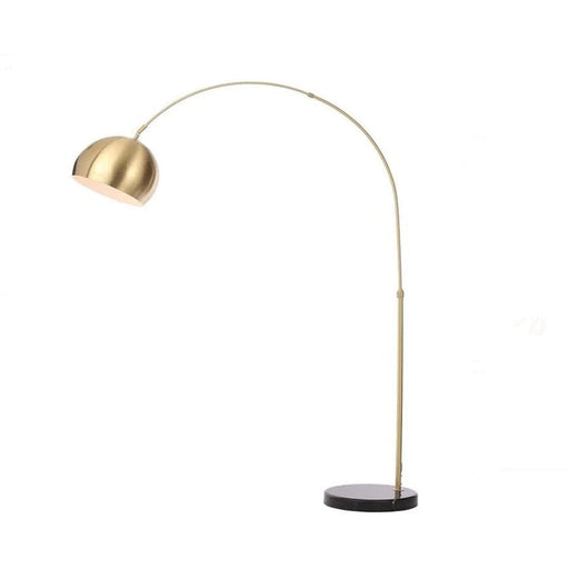 Contemporary gold arc floor lamp featuring a sleek black base and a mid-century modern design