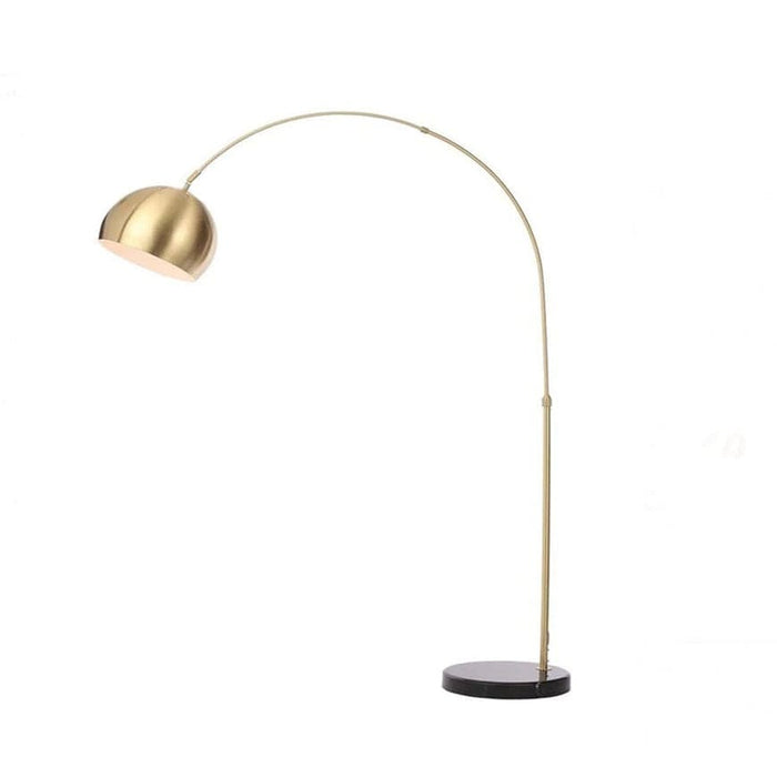 Contemporary gold arc floor lamp featuring a sleek black base and a mid-century modern design