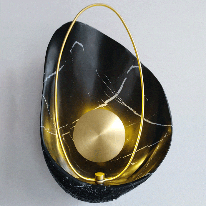 Casa black wall lamp with gold circular accent and marble texture, Mafeemushkil.com Dubai UAE Light. - Mafeemushkil.com LLC - Casa black wall lamp - Wall Lamps